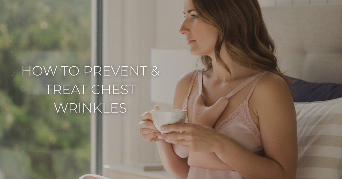 "woman sitting on bed, holding cup of coffee, and wearing chest wrinkle prevention sleep pillow"